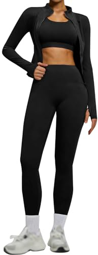 AMDOLE Gym Sets for Women 2 Piece Tracksuit Sets Long Sleeve Zip Up Cropped Jackets With High Waist Leggings Workout Set Yoga Sport Running Outfits Activewear Set
