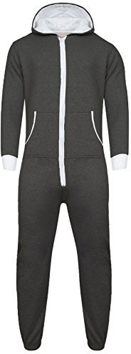 Parsa Fashions ® Womens Plain Zipper Onesie Ladies Onepiece All in One Hooded Zip Up Overall Jumpsuit Playsuit S-XL 8-16 (XXXL, Charcoal - White)