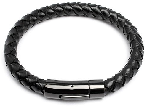 Echt Leder Herren Armband 8mm Ø Lederarmband schwarz geflochten schlicht hochwertig Edelstahlverschluss Geschenk (22.0)