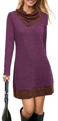 STYLEWORD Damen Rollkragenpullover Kleid Strick Langarm Ellenbogen Flicken Freizeithemd Tunika Top