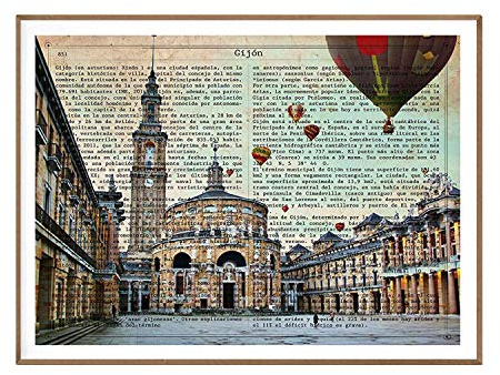 Nacnic Vintage Poster von Gijon. Illustration, Foto und Collage mit der Geschichte der spanischen Städte. Größe A4 Papier bedruckt 250 Gramm.