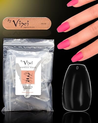 By Vixi 500 JEU DE ONGLES COURT CERCUEIL/BALLERINE avec LIME À ONGLES, 10 tailles, de faux ongles express Clair avec une couverture complète, professionnel en salon et à la maison
