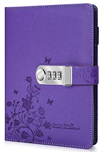 ARRLSDB PU Leather Journal with Lock, A5 Size Diary with Combination Lock Password Notebook Locking Personal Diary (Purple)