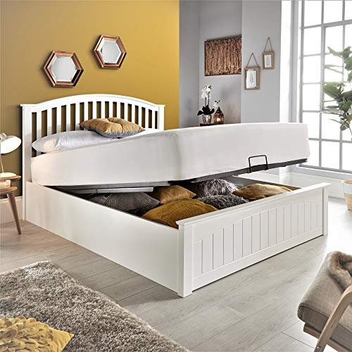 White Wooden Ottoman Bed, Happy Beds Grayson Storage Bed - 4ft Small Double (120 x 190 cm) Frame Only