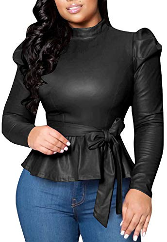 acelyn Women's Matte Mock Neck Turtleneck Long Sleeve Faux Leather Shirts Blouse Top with Belted Black L