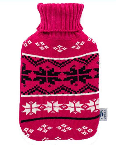 Wärmflasche mit Bezug 2l - weicher Bezug in pinkem Strick mit Weihnachts Design· zur Schmerzlinderung & Entspannnung an Rücken, Bauch, Schulter & Nacken etc. – natürliches Gummi · axion