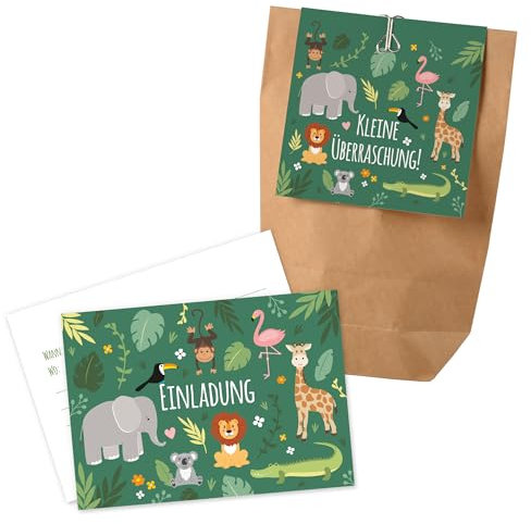12x Dschungel / Zoo Einladungskarten + Partytüten - Set / Dschungel Party Einladungskarten Dschungel Kindergeburtstag Partytüten Kindergeburtstag Dschungel Partytüten Kindergeburtstag Zooparty