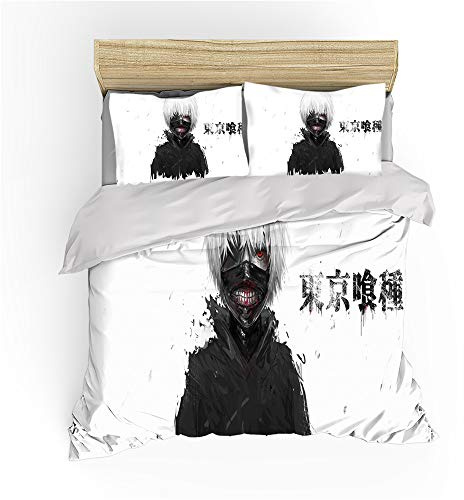 NICHIYO Tokyo Ghoul Bettwäsche-Set – Bettbezug und Kissenbezug, Mikrofaser, 3D-Digitaldruck, dreiteilige Bettwäsche (Bettbezug + Kissenbezüge) (1, Einzelbett 135 x 200 cm)