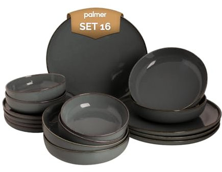 Palmer ANTIGO Geschirrset 4 Personen, modernes Tafelservice 16-teilig, Kombiservice Porzellan, Geschirr Grau-Blau, Spülmaschinen -& Mikrowellenfest