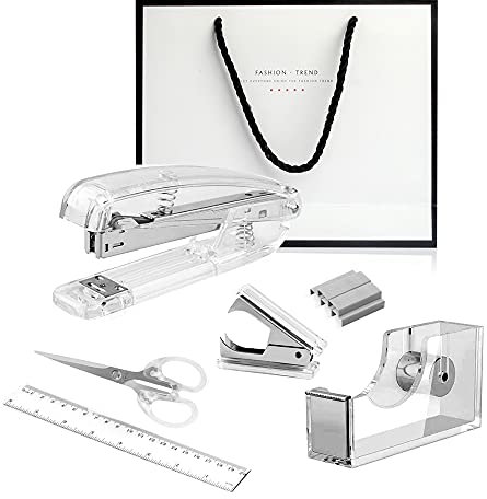 Creechwa Schreibtischzubehör 3 Kits, Klebebandabroller, Klammerentferner, Acryl Heftgerät Set für Büroangestellte und Studenten (Silber 6er Set)