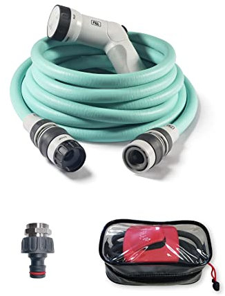 FITT IKON PLUS 15 m - Manguera de Agua de Jardín, Extensible, Ligera, con Pistola Multichorro, Soporte para Vallas y Adaptador de Grifo, Aguamarin