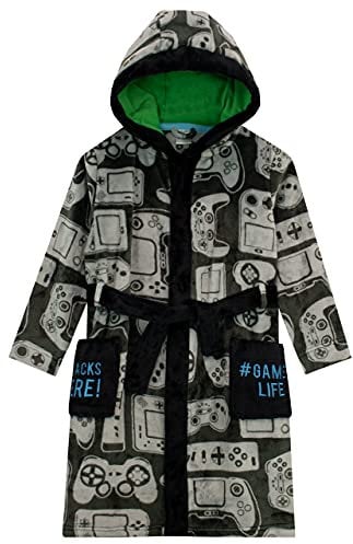 Harry Bear Gaming Boys Dressing Gown, Kids Dressing Gown, Cosy Fleece Boys Bathrobes, Grey 6-7 Years
