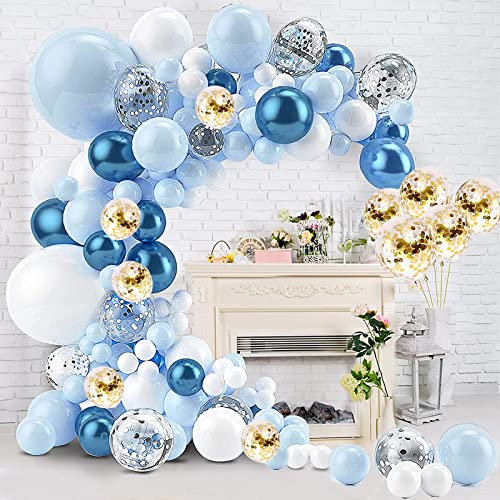 116 Stück Ballonbogen Kit, Ballon Girlande Kit, Macaron Blau Weiß Gold Silber Konfetti Metallic Blau Ballons, Ballondekoration für Geburtstagsparty, Baby Shower, Hochzeit