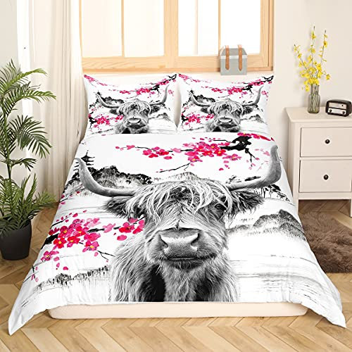 Loussiesd Highland Kuh Bettwäsche Niedlichen Roten Blumen Rinder Bettwäsche Set Kinder Mädchen Frauen Männer Kirschblüte Bettbezug Western Bull Cow Bettwäsche 155x220cm Exotische Wild West Tier