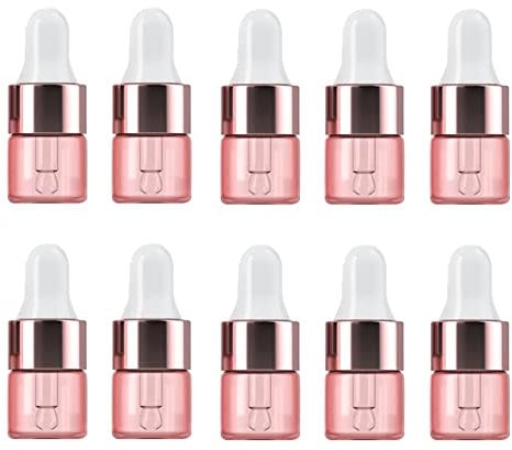 JIHUOO 30 Pcs Mini Pink Glass Dropper Bottles Essential Oil Sample Bottles DIY Perfume Cosmetic Containers Essence Vials 1 ml
