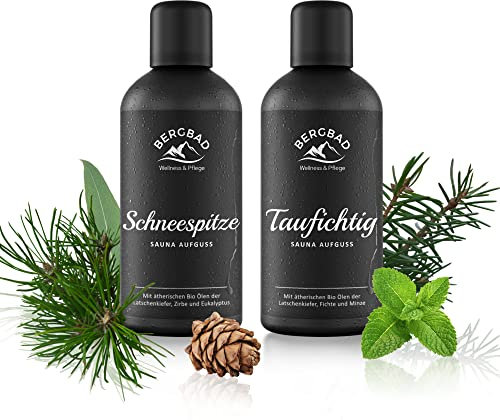 BERGBAD 2 x 100ml WALDHÜTTE Set BIO Saunaaufguss Latschenkiefer + Fichte + Minze und Zirbe + Latschenkiefer + Eukalyptus - wohltuendes Sauna-Aufgussmittel mit Bio-Alkohol, Wasser und 100% BIO Ölen