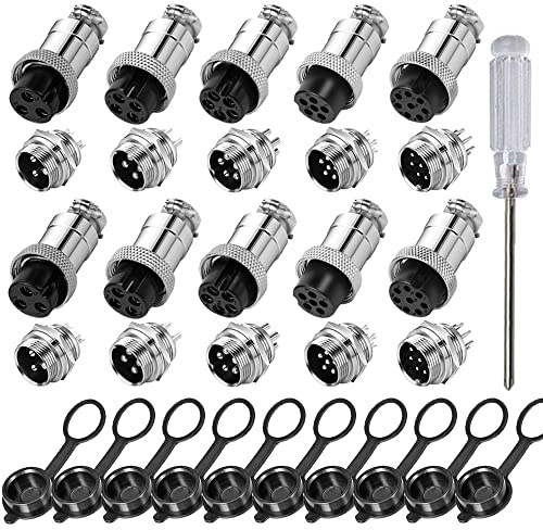 Aiqeer 10 Pièces GX16 Aviation Connecteur Set, 16 mm Fileté Panneau Métal Aviation Câble Connecteur, 5A Mâle Femelle Aviation Connecteur Fiche Prise Kit (3/4 / 5/6 / 8 Broches)