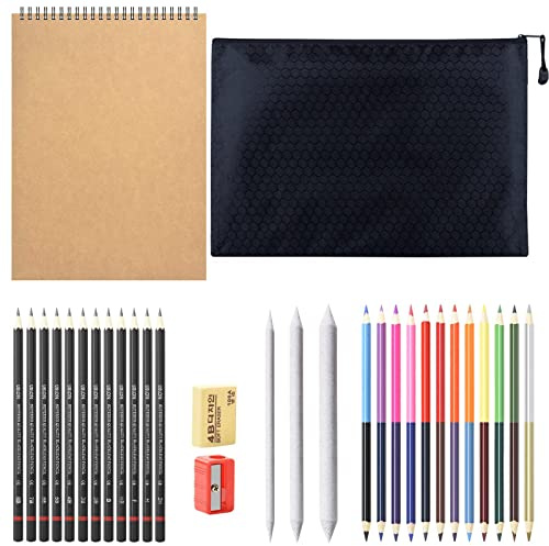 YEZIDE Sketching Pencils and Drawing Set 31pcs Sketching Drawing Color Pencil Set with Graphite Pencils dual ended colored pencils Sketch Book for Kid Adults Artists Student, Black