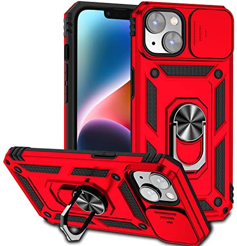 Hitaoyou iPhone 14 Plus Case with Camera Cover & Kickstand, Military Grade Shockproof Heavy Duty Protective Case with Magnetic Car Mount Holder for iPhone 14 Plus Red