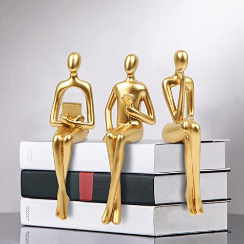 Masvan 3Pcs Gold Abstract Figurines Thinker Statues, Home Decor Resin Bookshelf Sitting Sculpture, Modern Collectible Accents for Office Living Room Coffee Table Shelves Decoration (Gold)