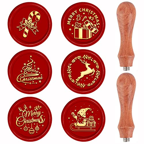 CRASPIRE Christmas Wax Seal Stamp Set 6pcs Removable Brass Stamp Heads 2pcs Wood Handle for Vintage Wedding Xmas Party Invitations Envelope(Candy Sleigh Box Christmas Tree Elk Merry Elf)