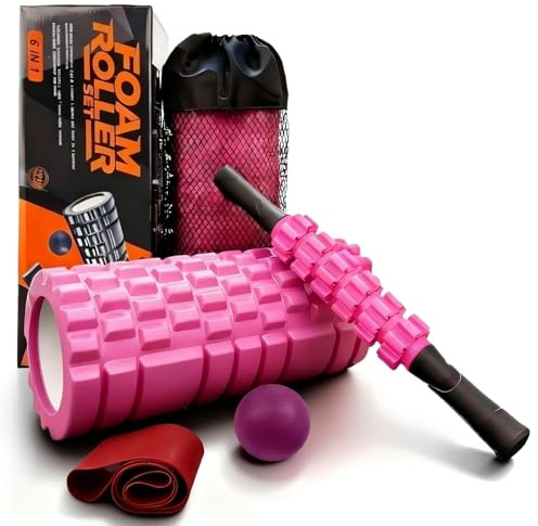 Aucuu 6 in 1 Foam Roller Set Includes Hollow Core Massage Roller, Yoga Stick, Massage Ball, Fitness Stretching Strap, Carrying Bag, Towel, Massage Roller (Pink)