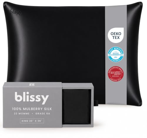 BLISSY Silk Pillowcase - 100% Pure Mulberry Silk - 22 Momme 6A High-Grade Fibers - Satin Pillow Cover for Hair & Skin - Regular, Queen & King with Hidden Zipper, Black