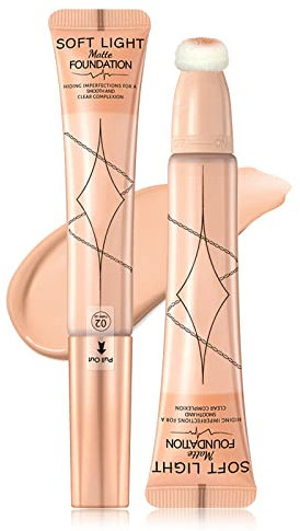 Prreal Liquid Foundation, Concealer Full Coverage Foundation Waterproof, Long-lasting Matte Liquid Foundation, Under Eye Concealer with Sponge Applicator Beauty Makeup Wand for Foundation Makeup (#02)