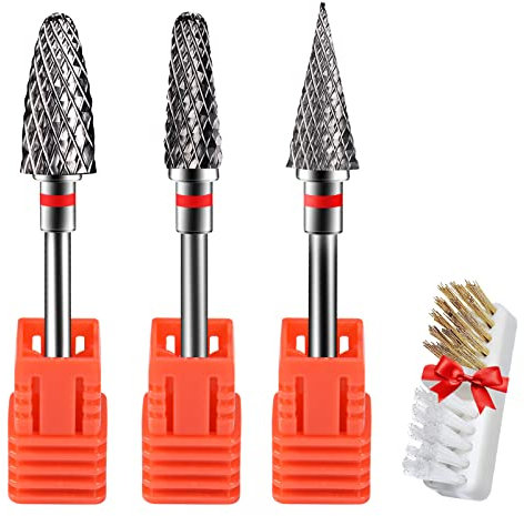 CGBE 3 Piezas Fresas Torno para Uñas, 3/32 Pulgadas Broca Manicura Profesional de Acero al Tungsteno, Brocas para Uñas Grano Fino para Quitar Gel, Acrílico, Cutícula