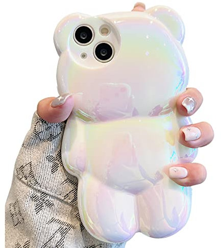 YWYUHE Bär Handyhülle Kompatibel mit iPhone 14 Pro Max Hülle, Niedliche 3D Holografische Reinweiße Bär Hülle, Stoßfest Kpop Cartoon Bär Handyhülle für Frauen Mädchen
