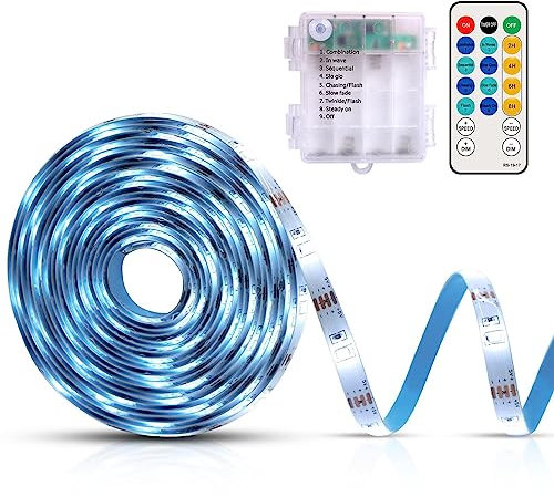 CCILAND LED Strip 5M Batterie, 150 LED Streifen mit 8 Modi Timer Fernbedienung, Selbstklebend Dimmbar LED Band Schneidbar für Küche Schlafzimmer Deko (Weiß)