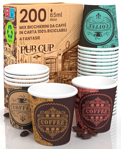 200 Bicchierini in Carta per caffè 65ml PubCUP Mix Bicchieri Ecologici Biodegradabili Monouso Piccoli Asporto Bevande Calde