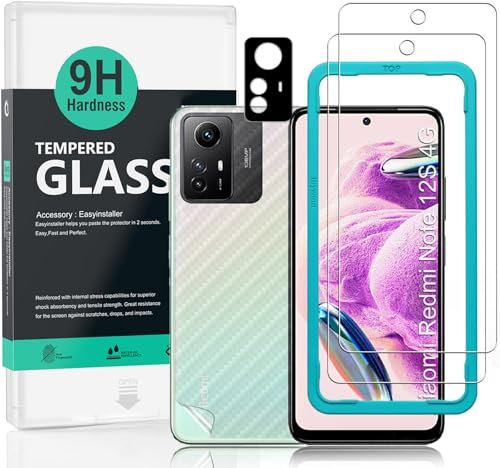 Ibywind Protector de pantalla para Xiaomi Redmi Note 12S 4G(6.43 pulgadas),con 2 piezas de Cristal Templado,1 pieza de protector de lente de cámara,1 pieza de película de fibra de carbono trasera