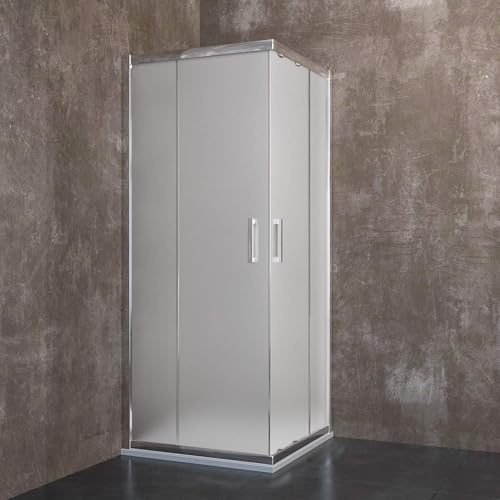 Box Doccia Quadrato Porte Scorrevoli In Cristallo Temperato Satinato da 6 mm Cabina Bagno Con Struttura Alluminio Anodizzato Maniglie in Acciaio Cromato Ante 195 Cm H (80 x 80 cm)