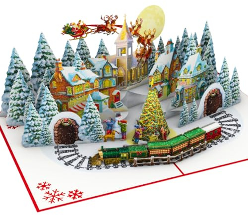Three Dee Cards Bezauberndes Weihnachtsdorf-Pop-Up-Karte mit Weihnachtsmann und Zug, 3D-Pop-Up-Grußkarte für Tochter, Schwiegersohn, Ehemann, Ehefrau, Bruder, Schwester, Mama und Vater, Familie