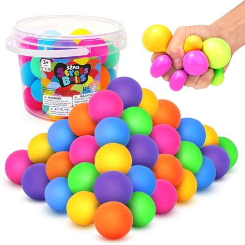 KLT Stress Balls Bulk for Kids and Adults: 32 Pack Mini Squishy Ball for Stress Reduce- Color Changing Sensory Fidget Toy for Autism Kids Calming - Small Prizes for Student Classroom (1.8)