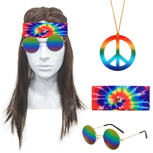 SKHAOVS 4 Stück Hippie Perücken Set Hippie Kostümzubehör Braune Perücke Sonnenbrille Peace Halskette Batik Stirnband 60/70er Kostümzubehör Halloweenkostüm Disco Stil Kostüm für Männer Frauen (4 Stück)