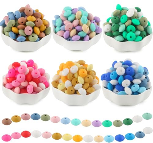 Sunrony 300 perline di lenticchie in silicone di colori misti, 12 mm, perline in silicone per portachiavi, perline abaco in silicone sfuso, per la creazione di collane, bracciali e perline spaziali in