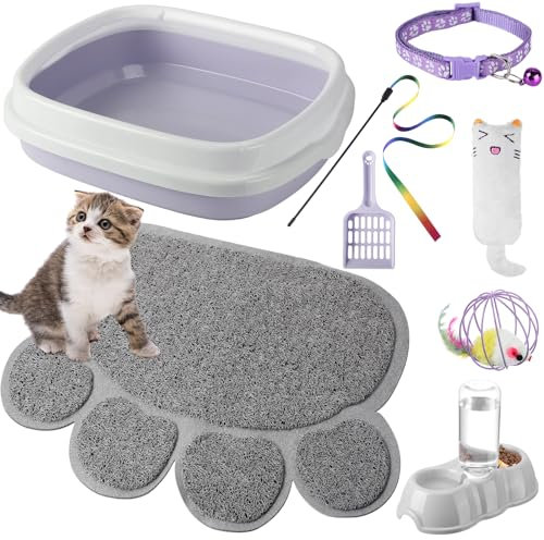 Tioncy 7-teiliges Kätzchentoiletten-Starter-Set mit Matte, stilvoll, Lila