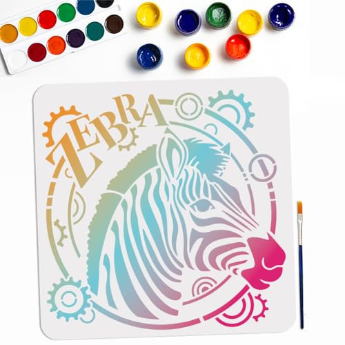MAYJOYDIY Zebra Gear Schablone, 30 x 29 cm, große Zebrakopf-Schablone, wiederverwendbar, afrikanische Wildtier-Zeichnungsvorlagen mit Pinsel für Möbel, Leinwand, Heimdekoration, DIY Handwerk