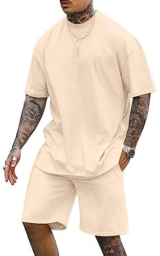 Cooleep T Shirts et Short pour Hommes Ensemble Survêtement à Manches Courtes Jogging Sportswear d'été Beige 3XL