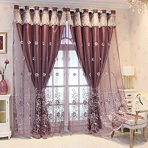 Amidoudou 1 Paar Europäische Doppelschicht Vorhänge Für Wohnzimmer Schlafzimmer Luxus Blume Gestickte Verdunkelungsvorhänge Mit Valance (Lila,140 x 260 cm)(BxH)