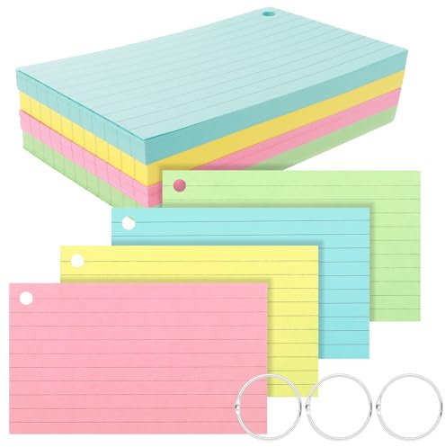 Gjinxi 200 PCS Colored Index Cards with Rings, 3 x 5 Inches Ruled Index Card Flash Cards for Studying, Notecards with Holes and Metal Rings Note Cards to Do List for School Office Supplies