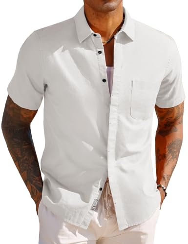 PJ PAUL JONES Hemd Herren Kurzarm Leinenhemd Freizeithemd Sommer Kurzarmhemd mit Brusttasche (Weiß, 2XL)