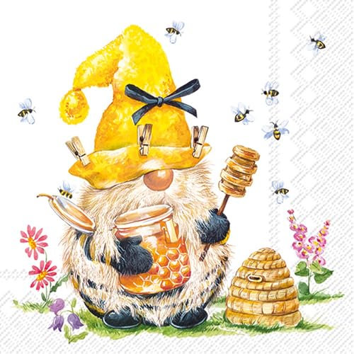 IHR 20 Servietten Blumen, Garten & Natur Zwerg als Imker als Tischdeko. Papierservietten mit Motiv. Auch für Decoupage und Serviettentechnik 33x33cm