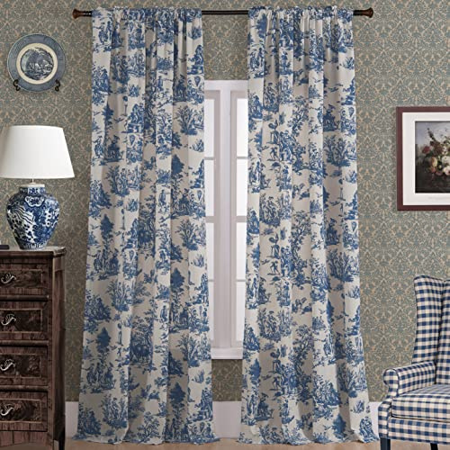 Blaue Toile-Vorhänge, für Wohnzimmer, 228 cm lang, 2 Paneele, Set, lang, durchscheinend, Baumwolle, französisches Landhaus-Blumenmuster, Vintage, viktorianisch, Verdunkelungsvorhang für Schlafzimmer