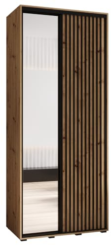 MEBLE KRYSPOL Lanko 2 Schrank mit Zwei Schiebetüren mit Spiegel, Stange, Regalen - Moderner Aufbewahrungsschrank für Schlafzimmer, Wohnzimmer - 235,2x110x45 cm - Artisan Artisan Schwarz