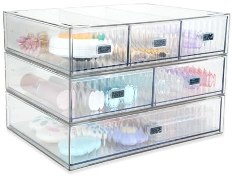 TIE-DailyNec 3PCS Acrylic Makeup Organiser, Clear Stackable Make Up Storage Box, Plastic Desk Storage Box with Drawer, Dressing Table Organiser with 6 Compartments for Home Cosmetics Jewelry Office