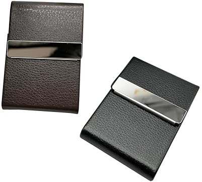 2 Pièces Porte Cartes de Visite, Porte Cartes de Visite en Cuir PU, Matériau en Acier Inoxydable, avec Fermeture Magnétique, pour Hommes et Femmes (Noir et Marron)