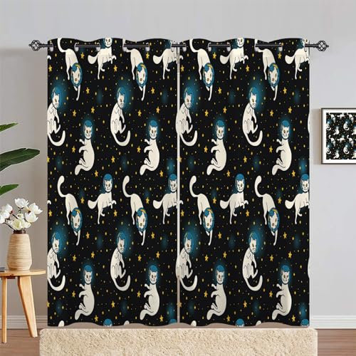 ANHOPE Weltraum Galaxie Weiß Katze Vorhänge mit Ösen Blickdichte Gardinen Thermo Vorhang Blackout Curtain Schlafzimmer Wohnzimmer Kinder Jungen Mädchen Verdunklungsvorhänge 2er Set H 183 x B 168 cm